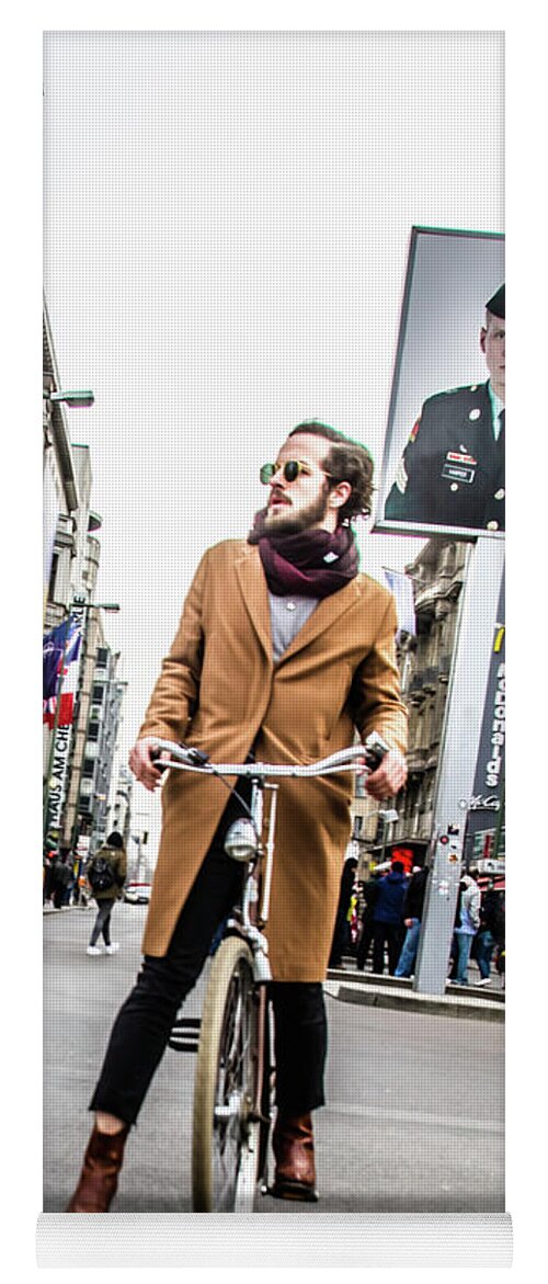 Berlin Yoga Mat featuring the photograph Berlin Hipster on BIcycle at Checkpoint Charlie by Tito Slack