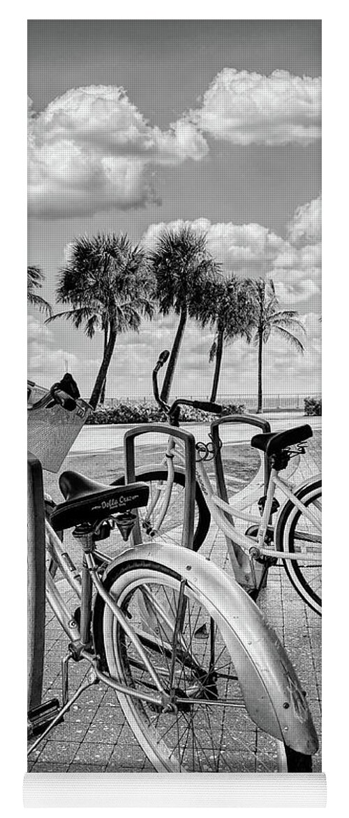 Black Yoga Mat featuring the photograph Bicycles at the Beach Casino Black and White by Debra and Dave Vanderlaan