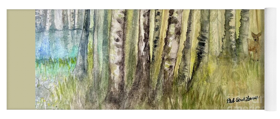 Birch Trees Yoga Mat featuring the painting Birch Forest Visitor by Deb Stroh-Larson