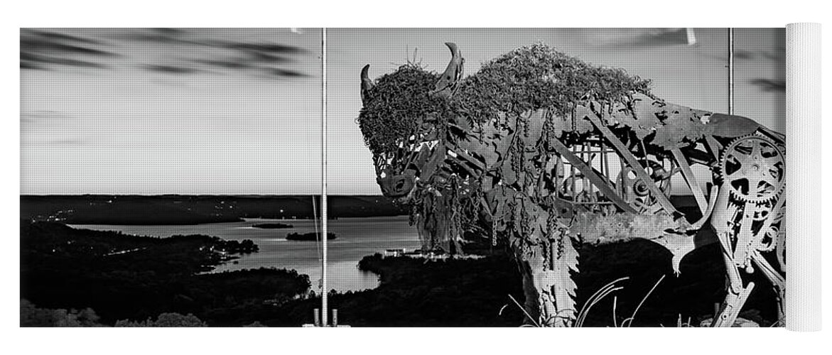 Top Of The Rock Yoga Mat featuring the photograph Bison Sculpture Over Table Rock Lake - Black and White by Gregory Ballos