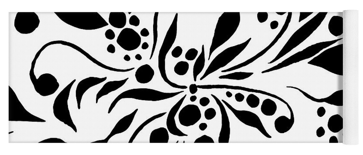 Floral Pattern Yoga Mat featuring the painting Black And White Floral Design With Leaves Berries Flowers Pattern by Irina Sztukowski
