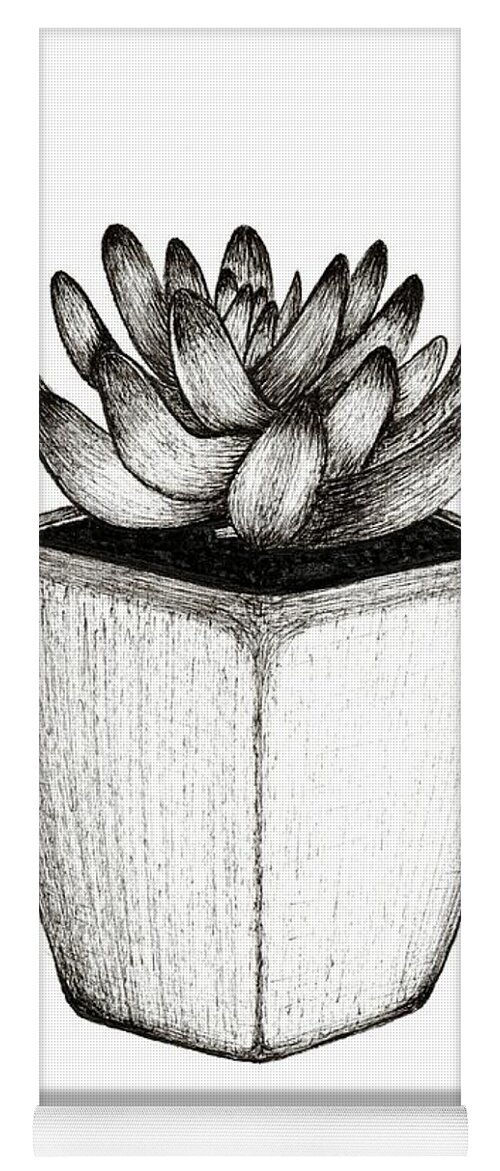 Succulent Yoga Mat featuring the drawing Black and White Succulent in Pot by Donna Mibus