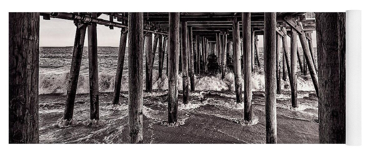 Best Maine Photos Yoga Mat featuring the photograph Black and White Under the Boardwalk - Old Orchard Beach in Maine by Mitchell R Grosky