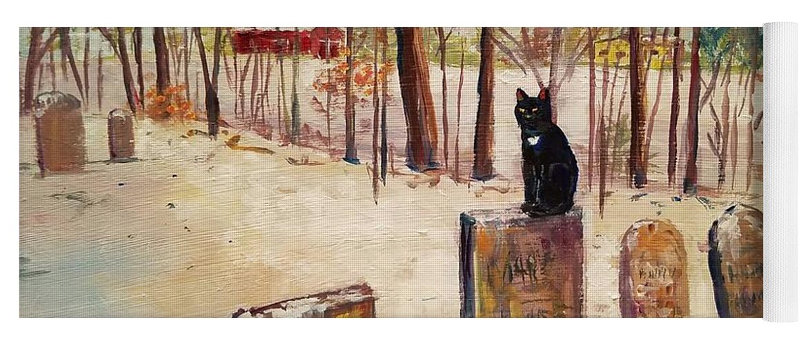Winter Scene Yoga Mat featuring the painting Black Cat on a Gravestone by Lou Ann Bagnall