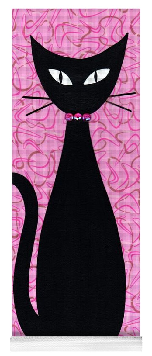 Mid Century Modern Black Cat Yoga Mat featuring the mixed media Black Cat with Pink Rhinestone Collar by Donna Mibus