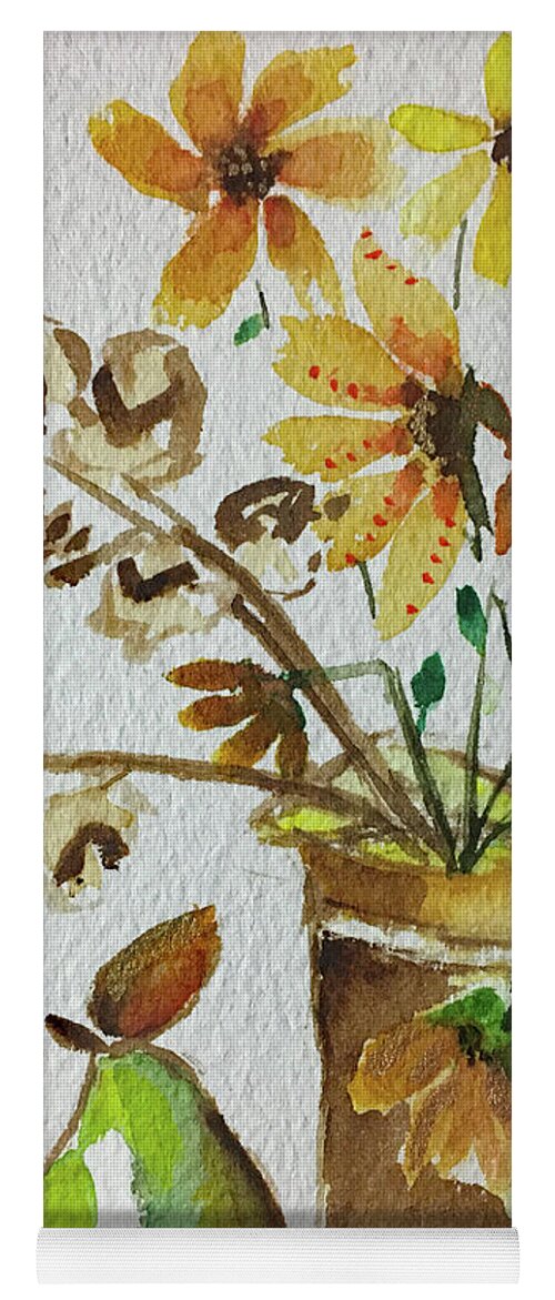Still Life Yoga Mat featuring the painting Black eyed Susans and a Pear by Roxy Rich