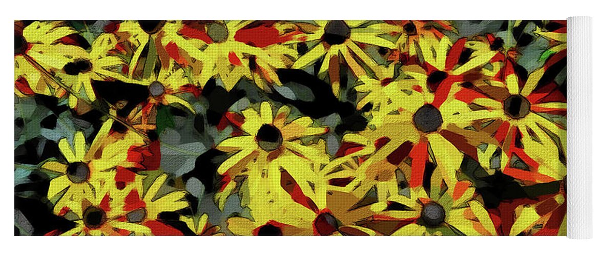 Yellow Yoga Mat featuring the digital art Black Eyed Susans Cubist Texture by Dee Flouton