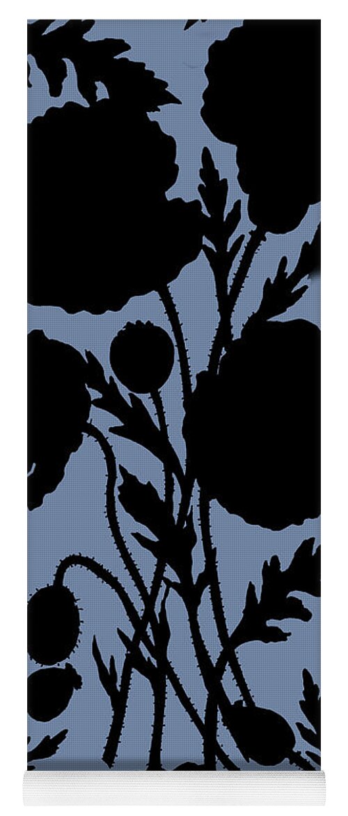 Poppies Yoga Mat featuring the painting Black Ink Poppies Silhouettes Of Flowers On Soft Dusty Vintage Blue by Irina Sztukowski