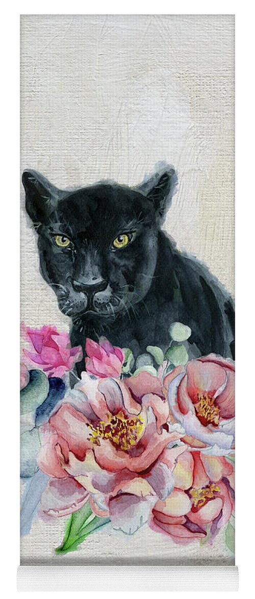 Black Panther Yoga Mat featuring the painting Black Panther With Flowers by Garden Of Delights