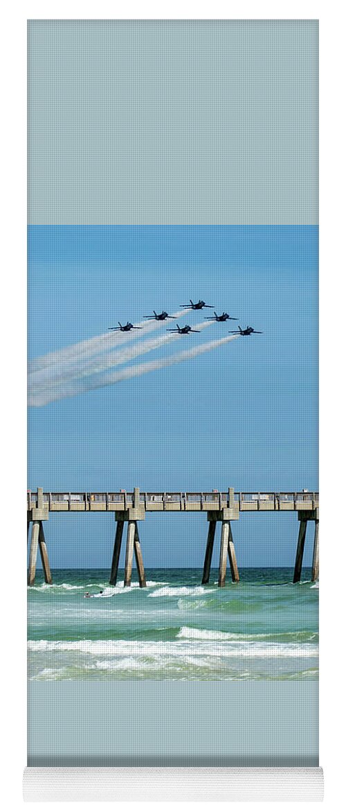 Blue Angels Yoga Mat featuring the photograph Blue Angels Over Pensacola Beach Fishing Pier by Beachtown Views