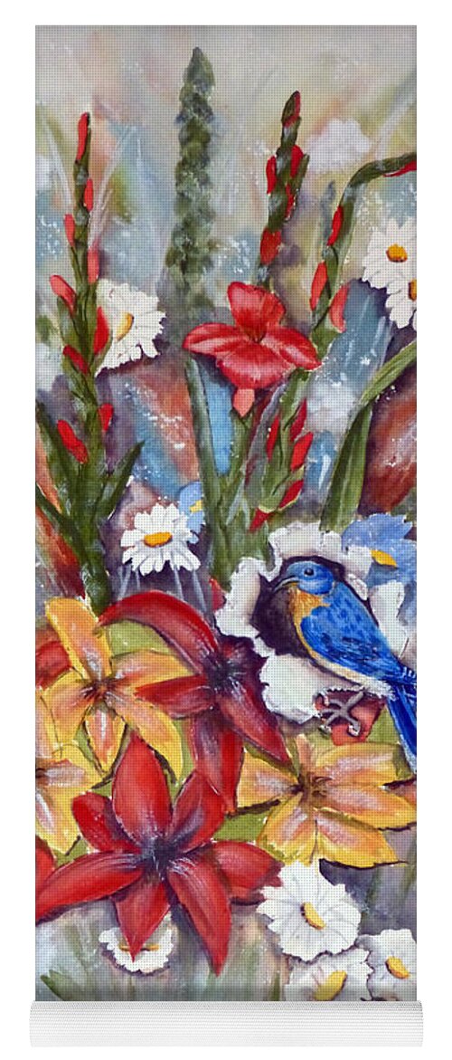 Floral Yoga Mat featuring the painting Blue Bird Eats thru the Painting by Kelly Mills