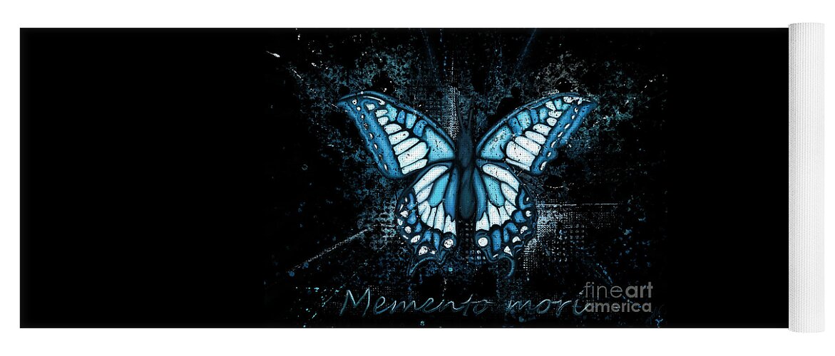 Butterfly Wings Yoga Mat featuring the painting Blue butterfly painting on black background, Morpho butterfly by Nadia CHEVREL