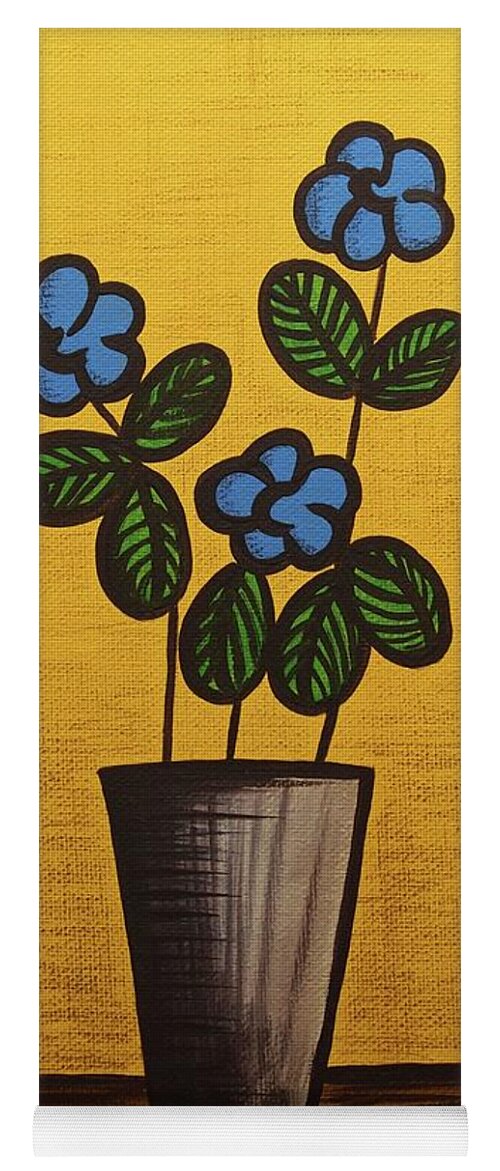 Mid Century Modern Yoga Mat featuring the mixed media Blue Flower Still Life Painting by Donna Mibus