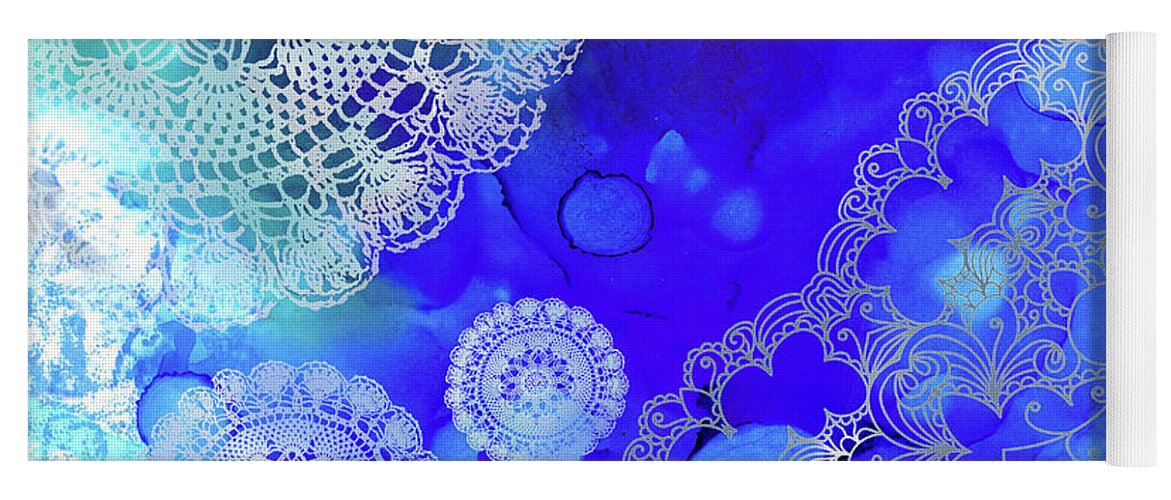 Blue Yoga Mat featuring the mixed media Blue Lace Abstract 58 by Lucie Dumas