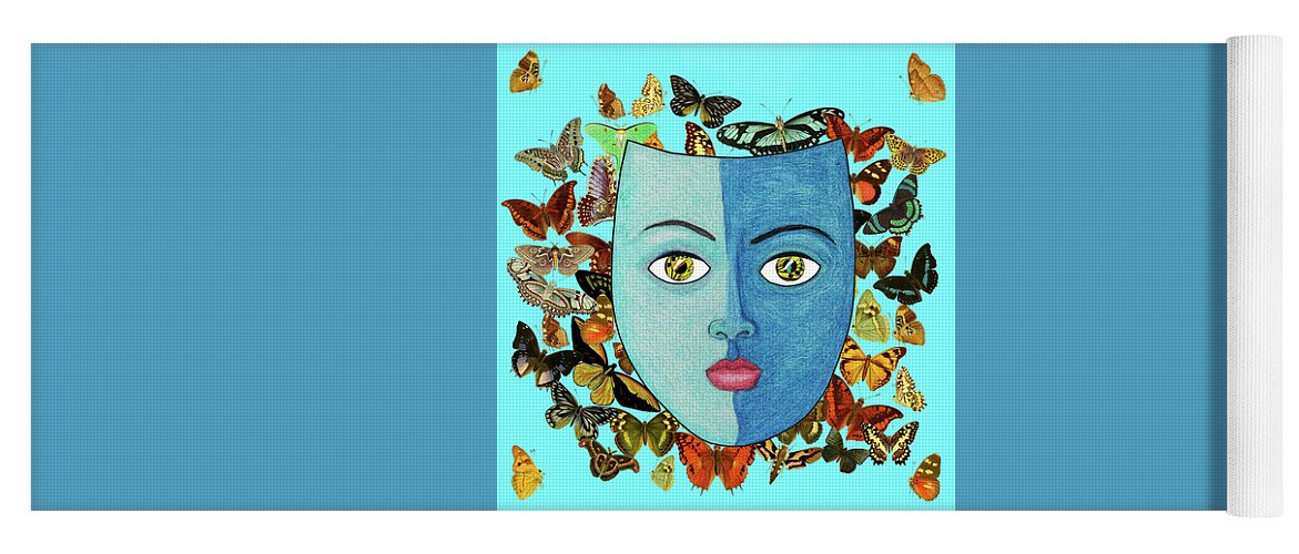 Masks Yoga Mat featuring the mixed media Blue mask on Butterfly swarm by Lorena Cassady