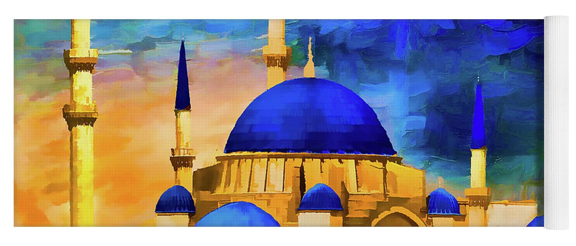 Blue Yoga Mat featuring the digital art Blue Mosque by Barbara Mierau-Klein