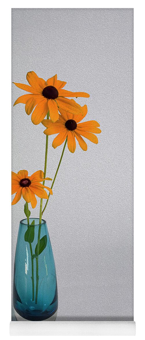 Black-eyed Susan Yoga Mat featuring the photograph Blue Vase on White Background with Three Black-eyed Susans by Charles Floyd