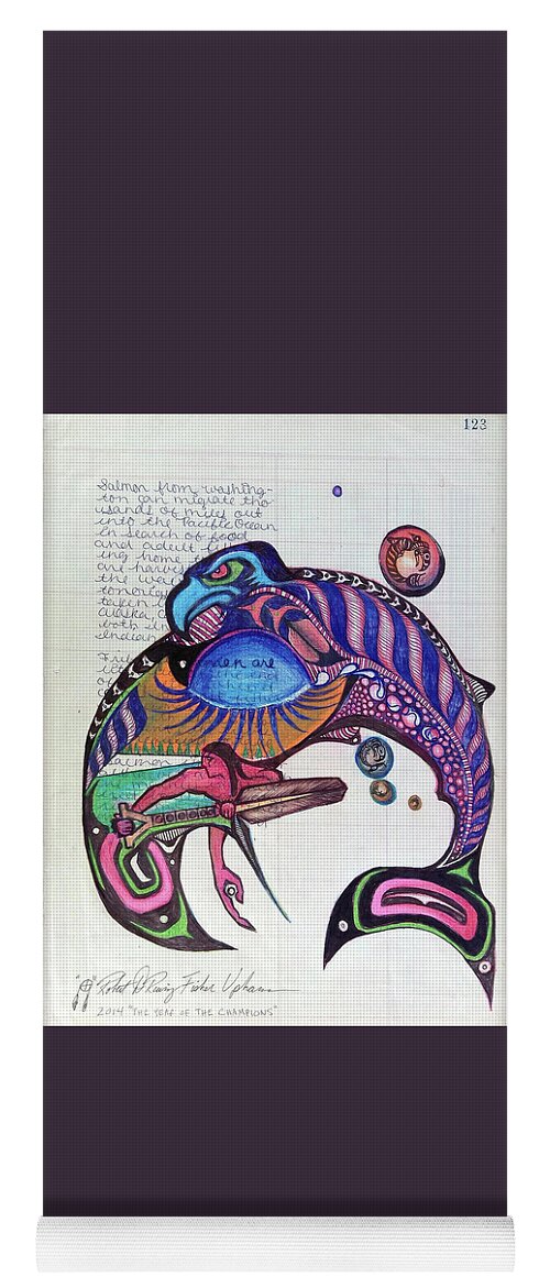 Quinault Nation Yoga Mat featuring the drawing Blueback Salmon by Robert Running Fisher Upham