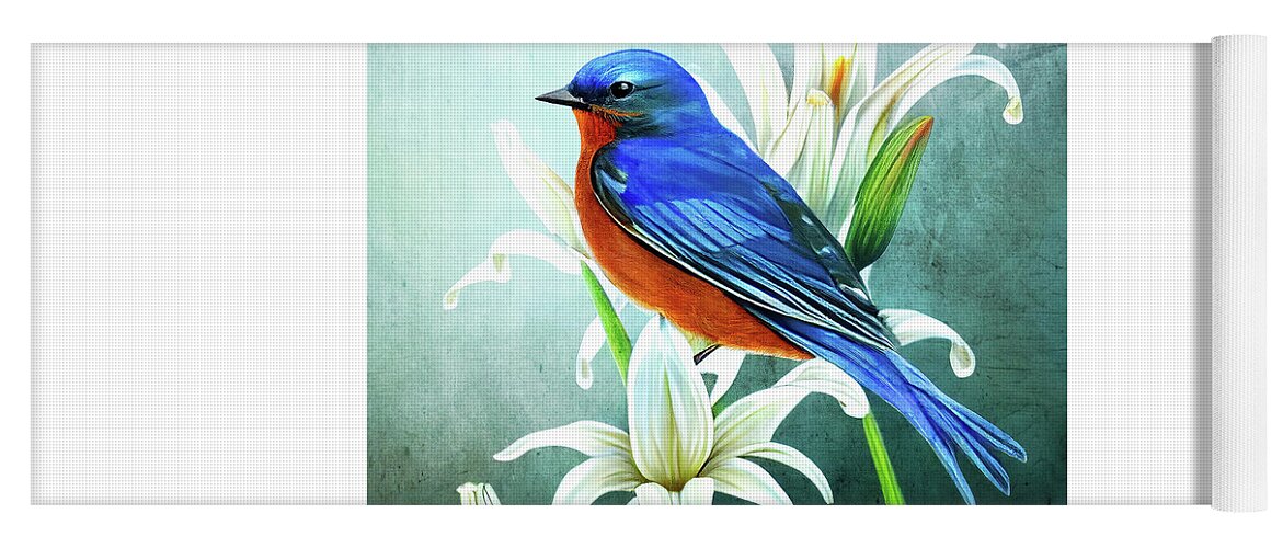 Eastern Bluebird Yoga Mat featuring the painting Bluebird In The Lilies by Tina LeCour
