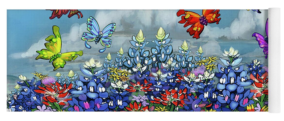 Bluebonnet Yoga Mat featuring the digital art Bluebonnets Wildflowers and Butterflies by Kevin Middleton