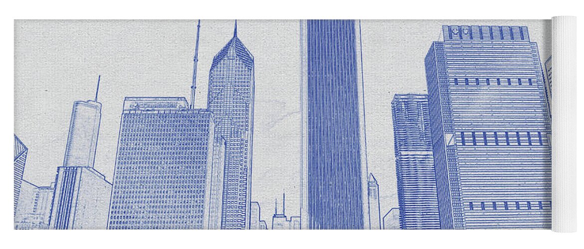 Oil On Canvas Yoga Mat featuring the digital art Blueprint drawing of Chicago Skyline, Illinois, USA - 34 by Celestial Images