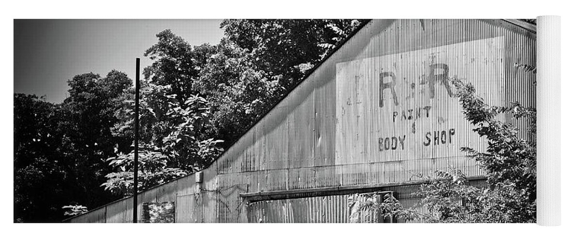 Texas Yoga Mat featuring the photograph Texas Forgotten - Body Shop Barn BW by Chris Andruskiewicz