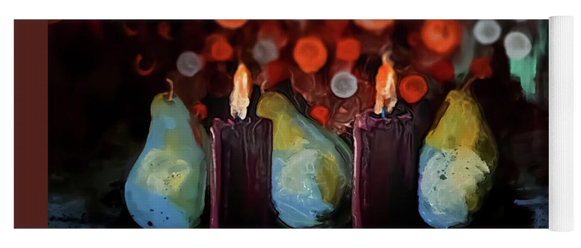 Candles Yoga Mat featuring the painting Bokeh Light Candles And Pears by Lisa Kaiser
