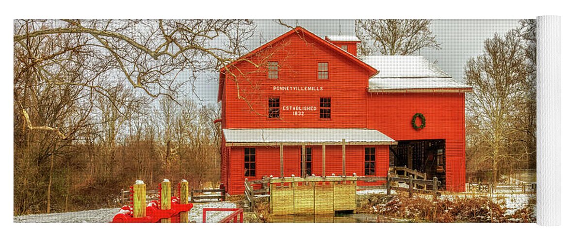 Grist Mill Yoga Mat featuring the photograph Bonneyville Mills Christmas by Susan Rissi Tregoning