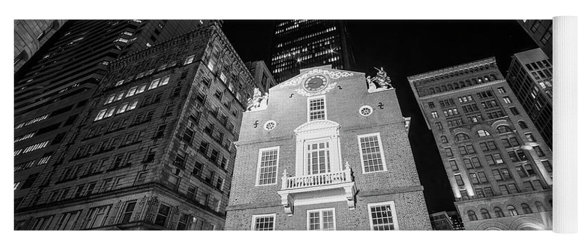 Boston Yoga Mat featuring the photograph Boston Old State House Boston MA Street Lights Black and White by Toby McGuire