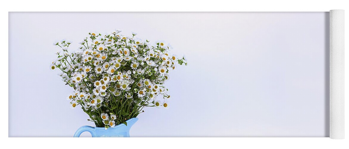 Flower Yoga Mat featuring the photograph Bouquet of small white daisy flowers in a blue ceramic vase by Olga Strogonova
