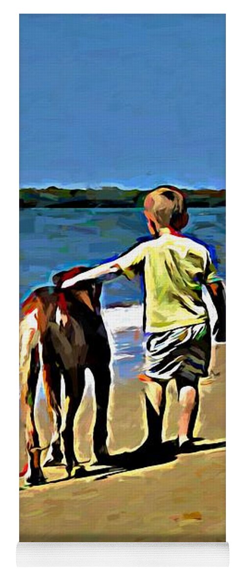 View Yoga Mat featuring the mixed media Boy with His Dog on Beach by Joan Stratton