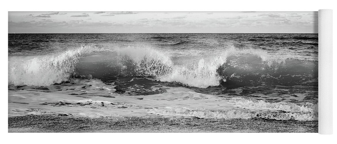 Wave Yoga Mat featuring the photograph Breaking Wave Panorama Black and White by Laura Fasulo
