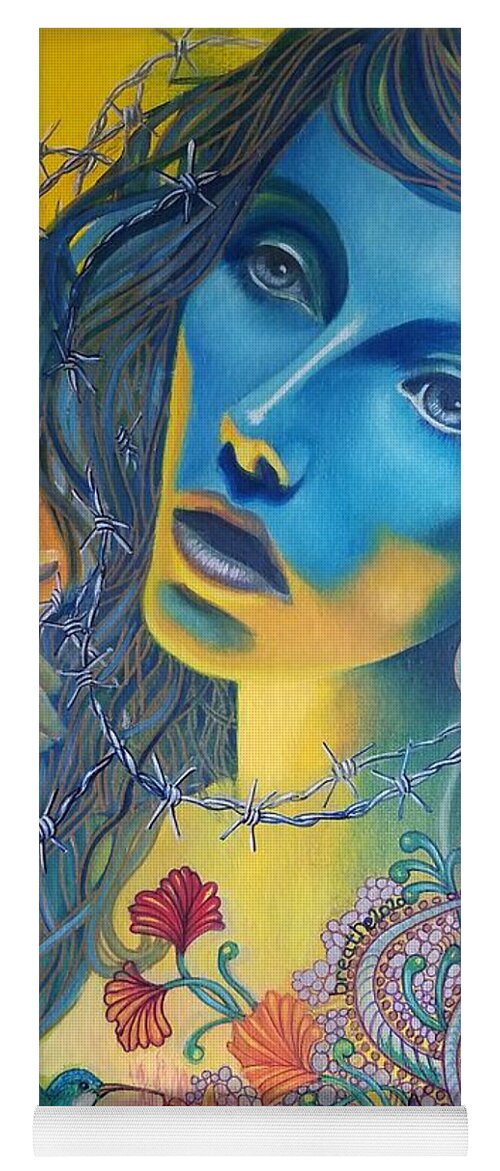 Blue Covid Butterfly Bird Woman Oils Canvas Yoga Mat featuring the painting Breathe 2020 by Caroline Philp
