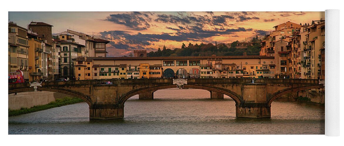 Florence Yoga Mat featuring the photograph Bridges of Arno River at Sunset in Florence Italy by Lily Malor
