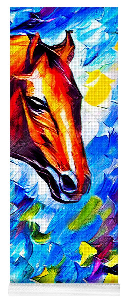 Horse Yoga Mat featuring the digital art Brown horse portrait on a colorful blue, red and yellow background by Nicko Prints