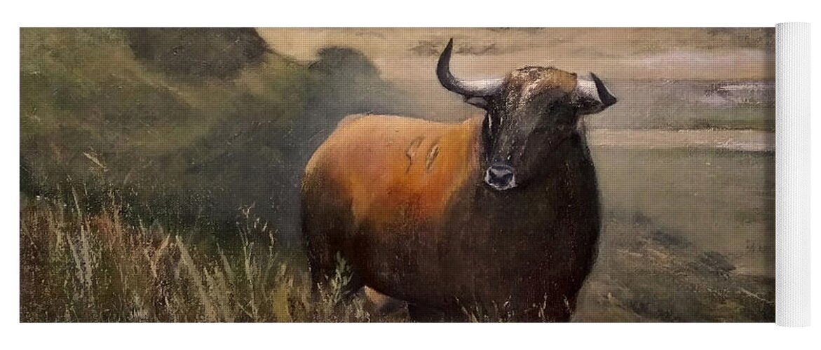 Bull Yoga Mat featuring the painting Bull in Extremadura-Spain by Tomas Castano