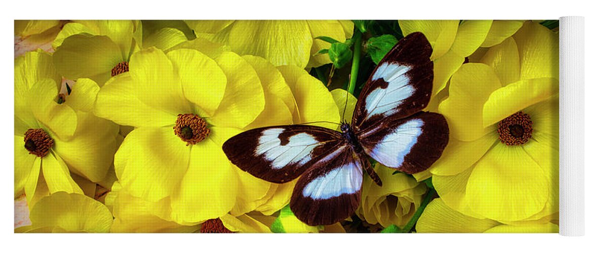 Yellow Yoga Mat featuring the photograph Butterfly On Yellow Ranunculus by Garry Gay