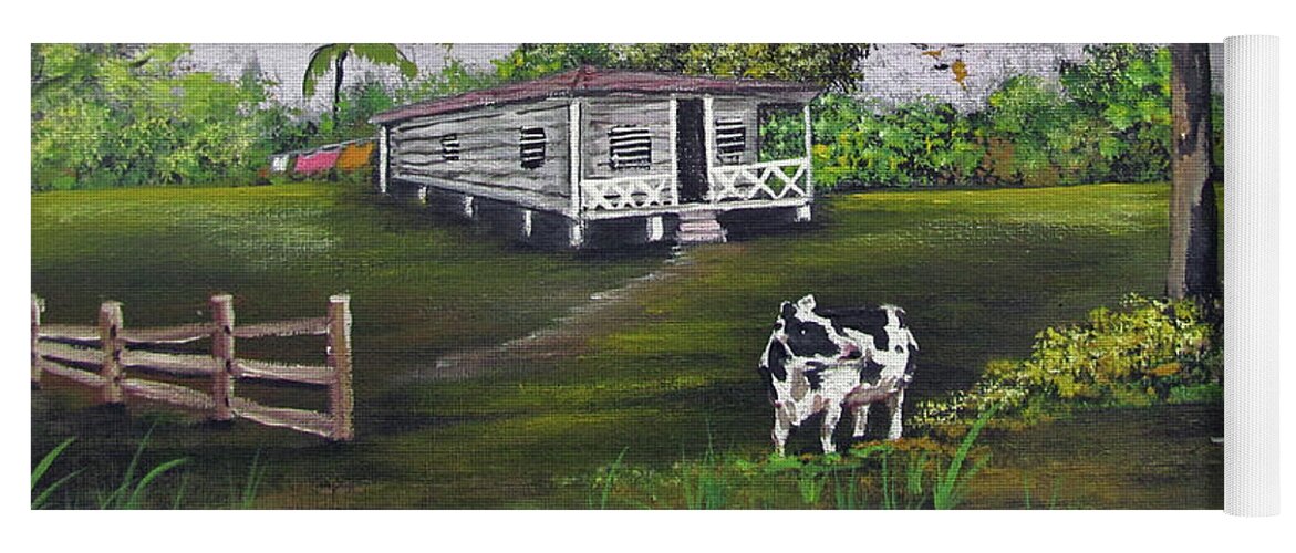 Cow Yoga Mat featuring the painting By The House by Gloria E Barreto-Rodriguez