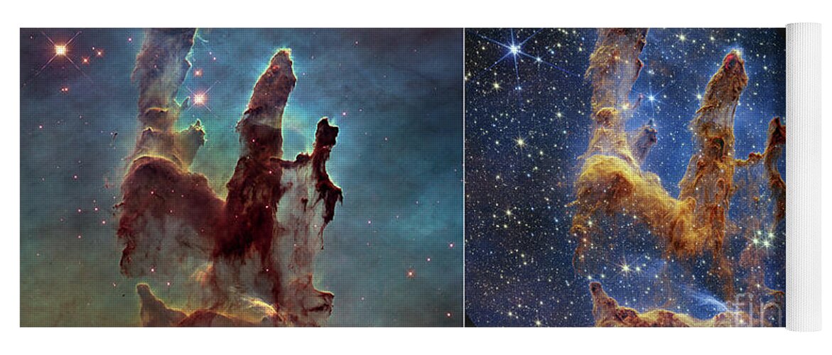 August Yoga Mat featuring the photograph Pillars of Creation, JWST and Hubble images by Science Photo Library
