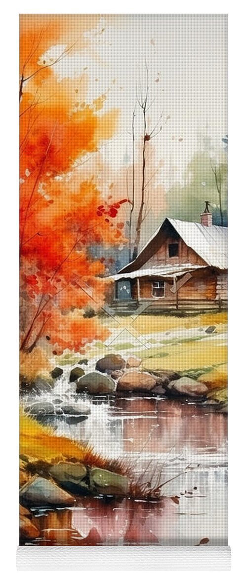 Cabin And Stream Ii Yoga Mat featuring the mixed media Cabin and Stream II by Jay Schankman