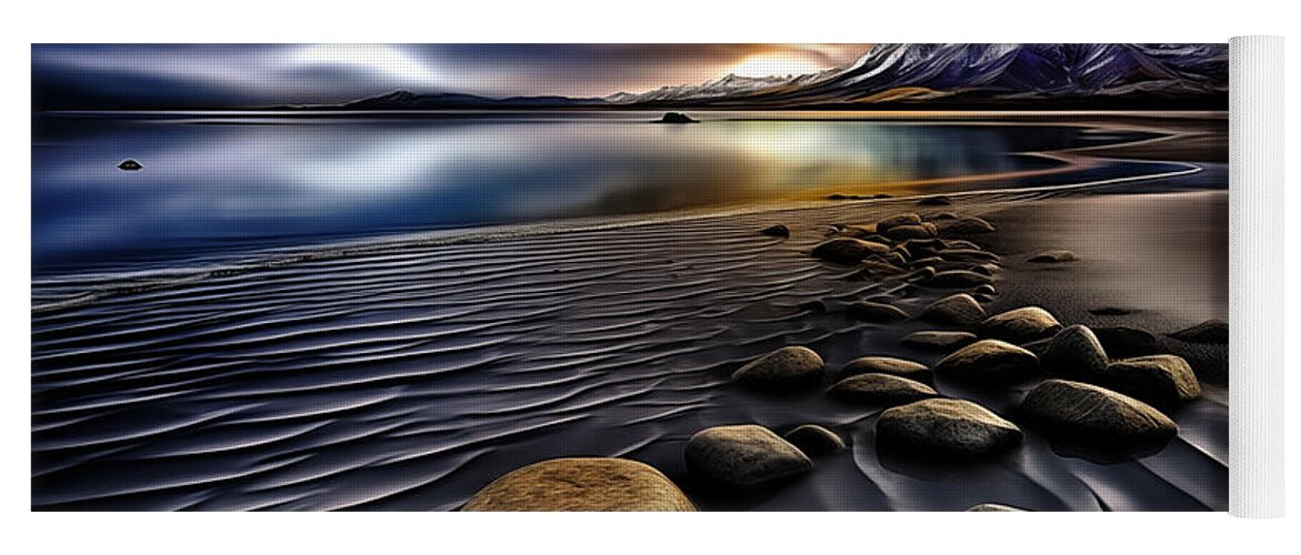 Stones Yoga Mat featuring the digital art Calm beach landscape with stones and snowy mountain peak. by Odon Czintos