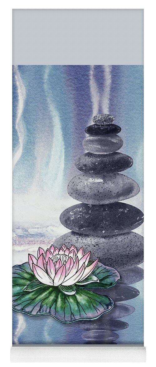 Zen Rocks Yoga Mat featuring the painting Calm Peaceful Relaxing Zen Rocks Cairn With Flower Meditative Spa Collection Watercolor Art VIII by Irina Sztukowski