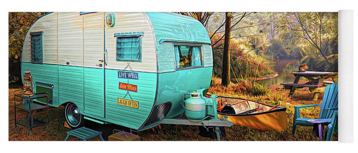 Camper Yoga Mat featuring the digital art Camping at the Creek Autumn Painting by Debra and Dave Vanderlaan