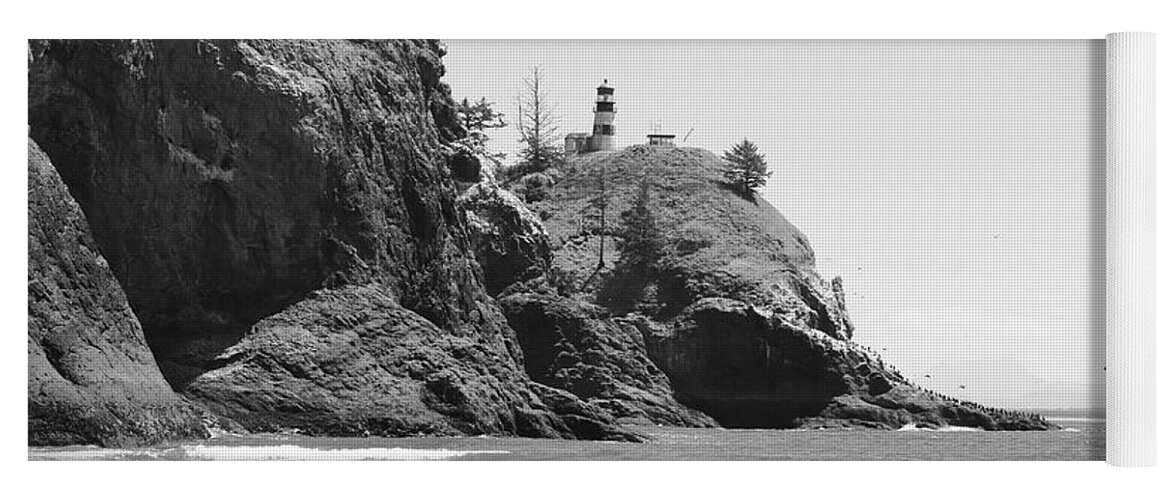Lighthouse Black And White Yoga Mat featuring the photograph Cape Disappointment in Black and White with Vignette by Carol Groenen
