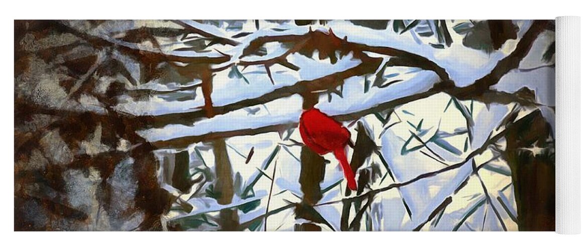 Cardinal Yoga Mat featuring the mixed media Cardinal in the Snowy Trees by Christopher Reed