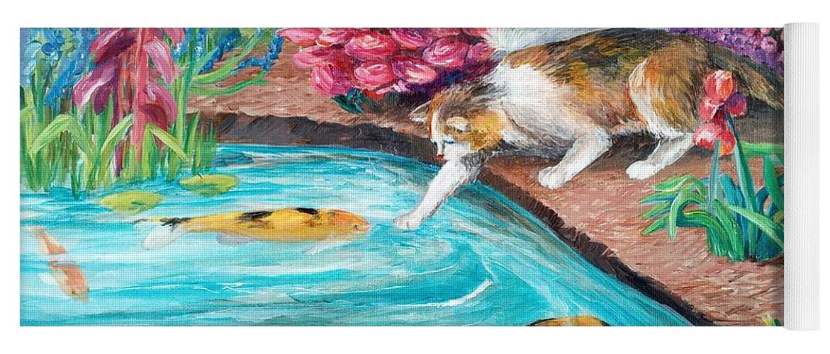 Calico Cat Yoga Mat featuring the painting Cat and Koi Pond Fishing by Sonya Allen