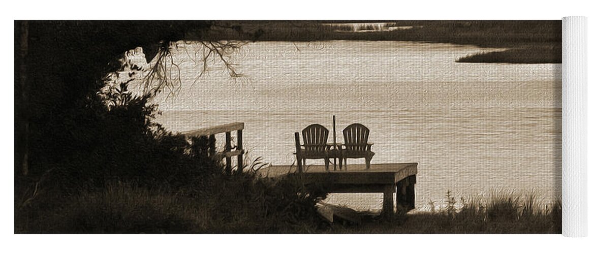 Beach Scene Yoga Mat featuring the photograph Chairs on a Dock by Mike McGlothlen