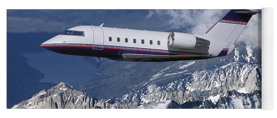 Challenger Business Jet Yoga Mat featuring the mixed media Challenger Corporate Jet over Snowcapped Mountains by Erik Simonsen