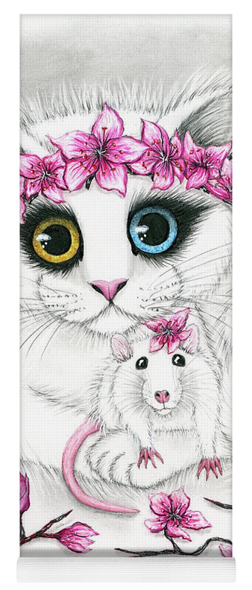 Cherry Blossoms Yoga Mat featuring the drawing Cherry Blossoms - White Cat and Rat Chinese New Year by Carrie Hawks