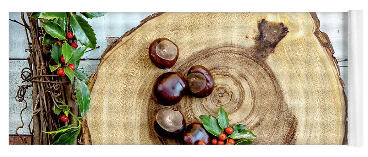 Still Life Yoga Mat featuring the photograph Chestnuts and Holly by Rebecca Cozart